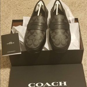 Coach Print Mens Loafer Shoes Black Leather Size10